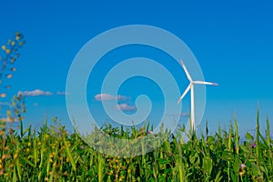 Green energy. Windmill on blue sky background.renewable energy.Environmentally friendly energy source.Consumption of