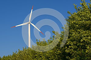 Green energy. Windmill in tree branches on sky background.renewable energy.Alternative energy sources