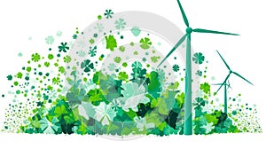 Green energy windmills and solar panels flat style illustration.