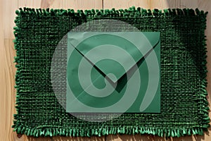 green envelope blending with a green doormat