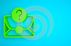 Green Envelope with question mark icon isolated on blue background. Letter with question mark symbol. Send in request by