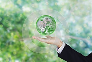 Green and environmental global business. Businessman hand holding globe with green bokeh background. Element of this image are fur