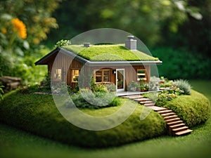 Green and environmentally friendly housing concept. Miniature wooden house in spring grass, moss and ferns on a sunny