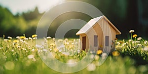 Eco house. Green and environmentally friendly housing concept. generative ai. Miniature wooden house in spring grass, moss and