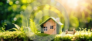 Eco house. Green and environmentally friendly housing concept. generative ai. Miniature wooden house in spring grass, moss and