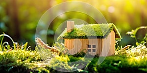 Eco house. Green and environmentally friendly housing concept. generative ai. Miniature wooden house in spring grass, moss and