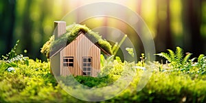 Eco house. Green and environmentally friendly housing concept. generative ai. Miniature wooden house in spring grass, moss and