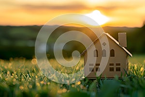 Green and environmentally friendly housing concept. Miniature wooden house in spring grass on a sunny day. photo