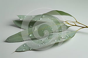 Green eucalyptus branch close up isolated on gray background