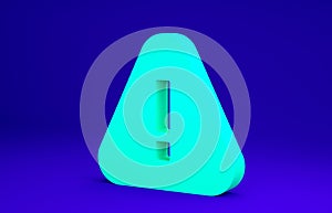 Green Exclamation mark in triangle icon isolated on blue background. Hazard warning sign, careful, attention, danger