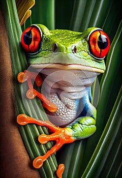 Green Exotix Frog At Jungle Leaf Macrophotography - Generative AI