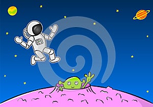 Green extraterrestrial waving to an astronaut