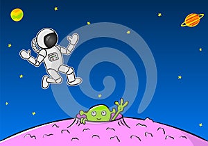 Green extraterrestrial waving to an astronaut photo