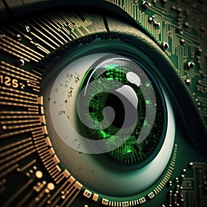 Green eye on circuit board with microchips closeup