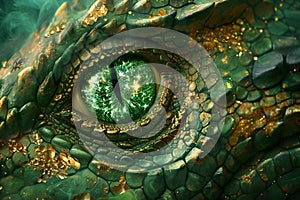 Green eye of crocodile close-up,  Abstract green background