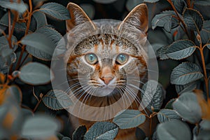 Green-eyed tabby cat amidst green leaves