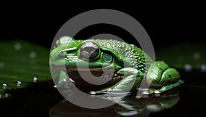 Green eyed toad sitting on wet leaf generated by AI