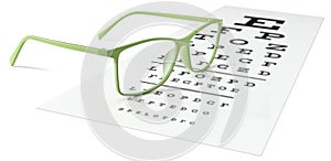 green eyeglasses on visual test chart isolated on white. Eyesight concept