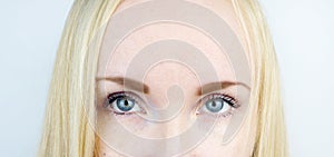 Green eyes of a beautiful girl. White background. Blonde freckles