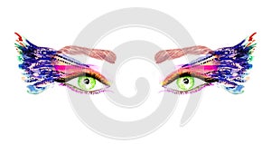 Green eyes with makeup, orange, pink and blue wings of butterfly shape eyeshadows