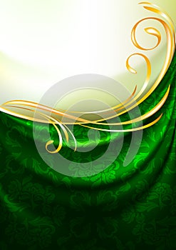 Green fabric drapes with ornament, background