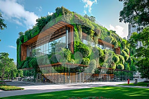 Green facade covering the exterior walls of a public library, vertical gardening concept