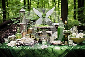 green fairy-themed picnic setup with absinthe