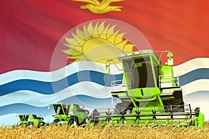 Green farm agricultural combine harvester on field with Kiribati flag background, food industry concept - industrial 3D