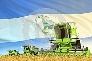 green farm agricultural combine harvester on field with Nicaragua flag background, food industry concept - industrial 3D