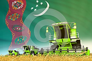 green farm agricultural combine harvester on field with Turkmenistan flag background, food industry concept - industrial 3D