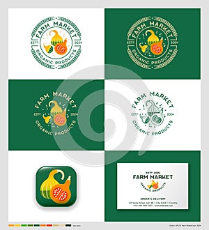 Green Farmers Market logo. Letters and bright pumpkins in a round badge. Identity, app button, business card.