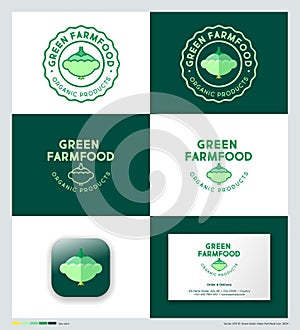 Green FarmFood logo. Letters and green tint squash. Organic food emblem. Identity, app button, business card.