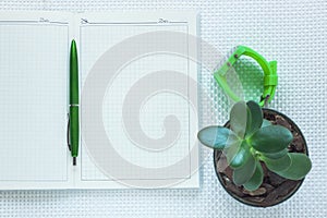 Green fashion notebook and pen on white textured background. Top view , flat lay