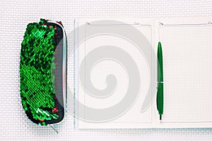 Green fashion notebook and pencil on white textured background. Top view , flat lay