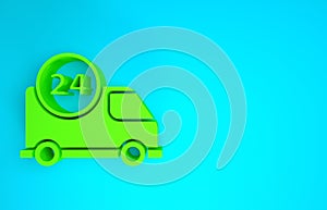 Green Fast round the clock delivery by car icon isolated on blue background. Minimalism concept. 3d illustration 3D