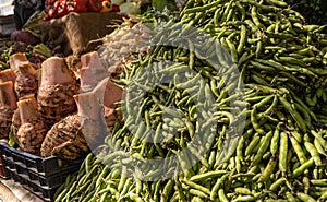 Green fava beans and taro vegetable in local market