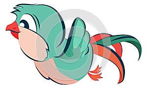 Green feather bird mascot. Cartoon character flying