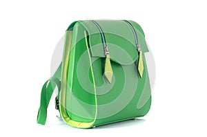 Green female backpack sideways against white background