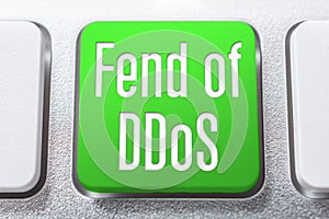 Green Fend Of DDoS Button On A White Keyboard, Cyber Protection Concept photo