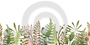 Green fern and forest herb seamless border. Watercolor illustration. Natural organic herbs in elegant ornament. Hand