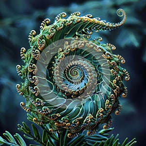 Green fern frond unfurling in a spiral pattern on a dark background.