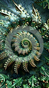 Green fern frond unfurling in a spiral pattern on a dark background.