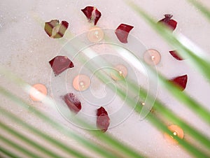 green fern leaf in the foreground, and in the background a bubble bath with rose petals and candles.