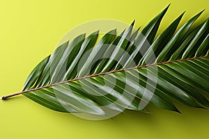 A green fern leaf on a light green background.