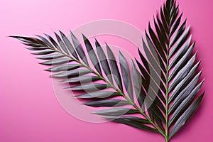 Green fern leaf on pink background, single palm leaf on pink background.