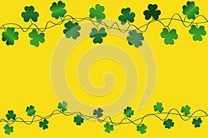 Green festive bunting with clover. Irish holiday - Happy St. Patrick`s Day with a garland of three-leaf. Greeting card, poster,