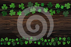 Green festive bunting with clover. Irish holiday - Happy St. Patrick`s Day with garland of three-leaf. Greeting card, poster,