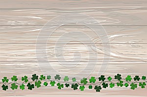 Green festive bunting with clover. Irish holiday - Happy St. Patrick`s Day with garland of three-leaf. Greeting card, poster,