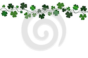 Green festive bunting with clover. Irish holiday - Happy St. Patrick`s Day with a garland of three-leaf. Greeting card, poster, b