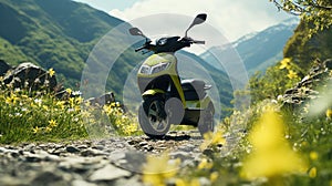 A green fictional generic scooter parked on a rocky road in the mountains, AI
